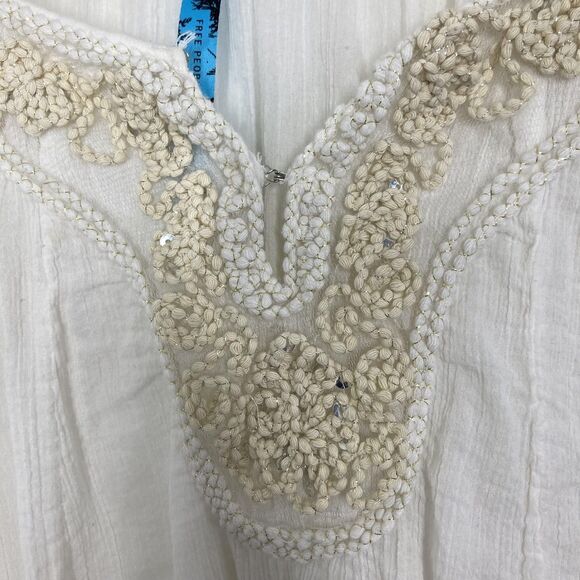 Free People Shirt Womens Large cream Boho Peasant Tunic Embroidered Beaded - Picture 4 of 16